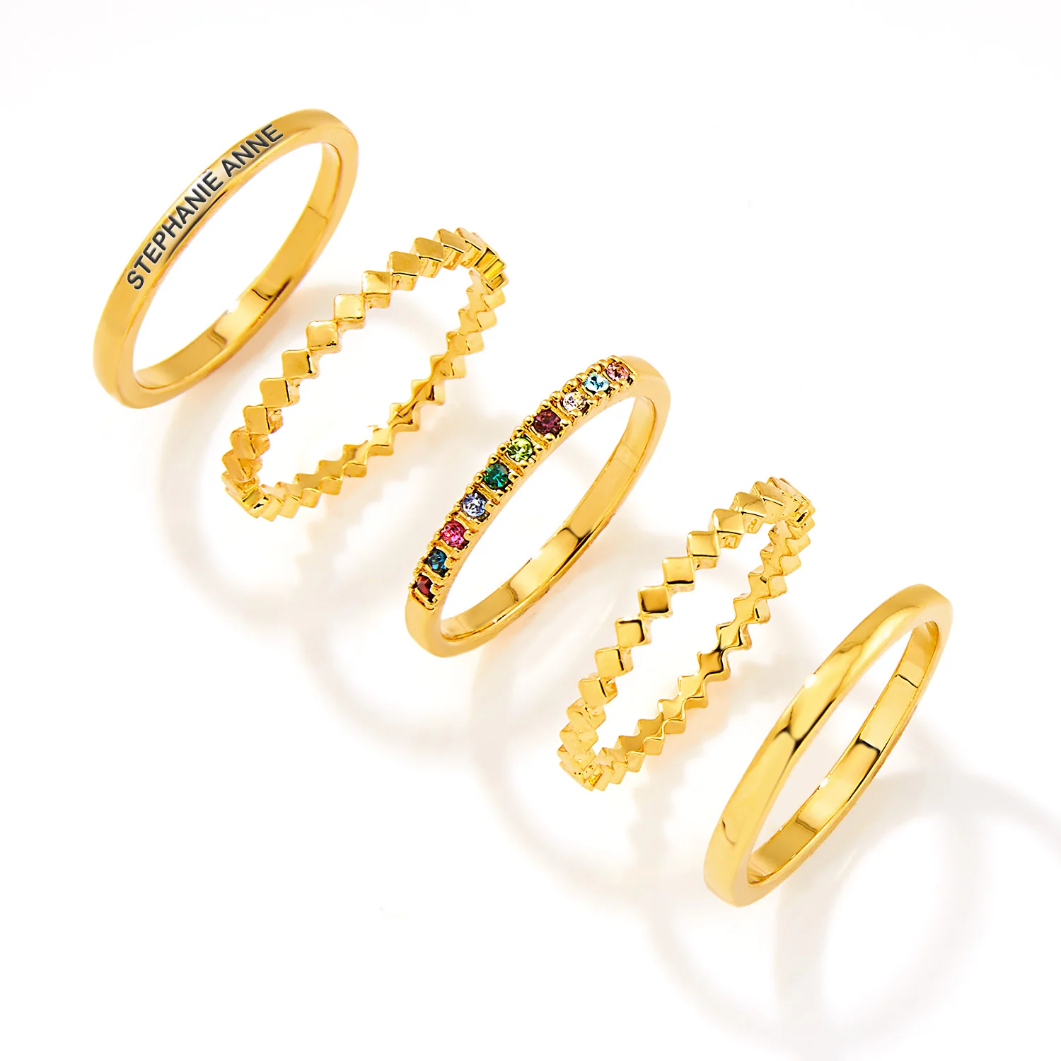 Gold Plated Personalized Family Birthstone Stackable 5 Ring Set - Image 3