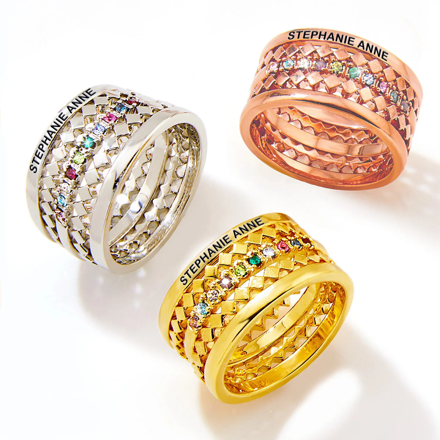 Gold Plated Personalized Family Birthstone Stackable 5 Ring Set - Image 4