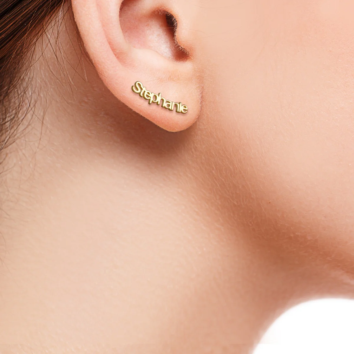 14K Gold Plated Personalized Name Crawler Button Earring - Image 2