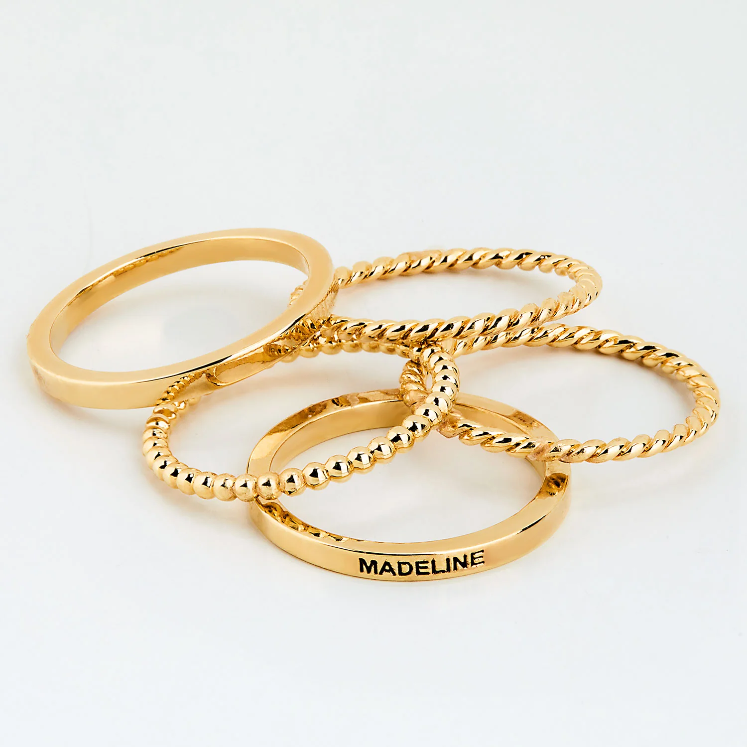 Gold Plated Personalized Roped and Beaded Stackable 5 Ring Set - Image 4