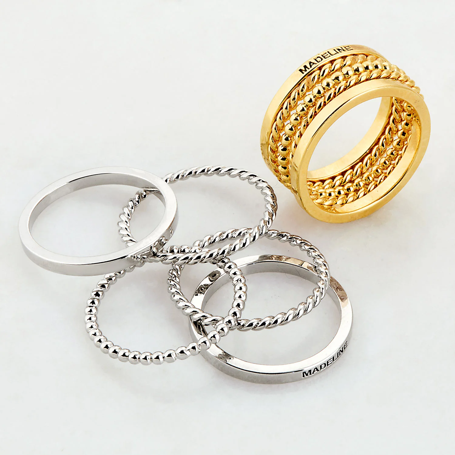 Gold Plated Personalized Roped and Beaded Stackable 5 Ring Set - Image 5
