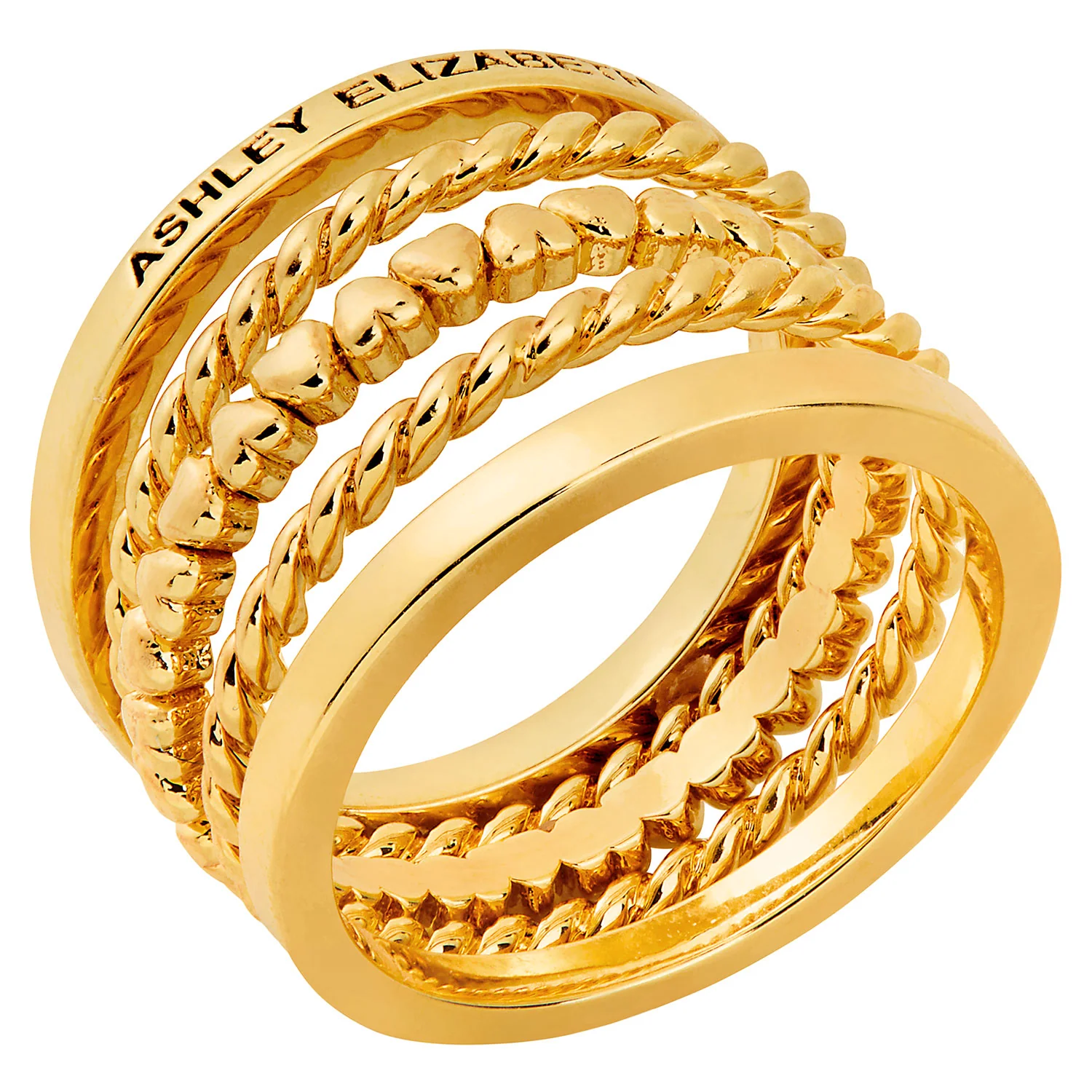 Gold Plated Personalized Roped and Petite Heart Stackable 5 Ring Set - Image 3