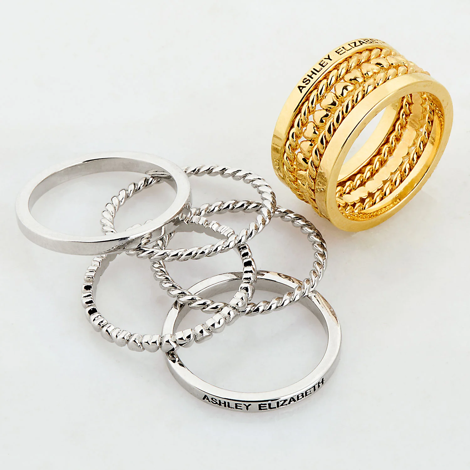 Gold Plated Personalized Roped and Petite Heart Stackable 5 Ring Set - Image 5