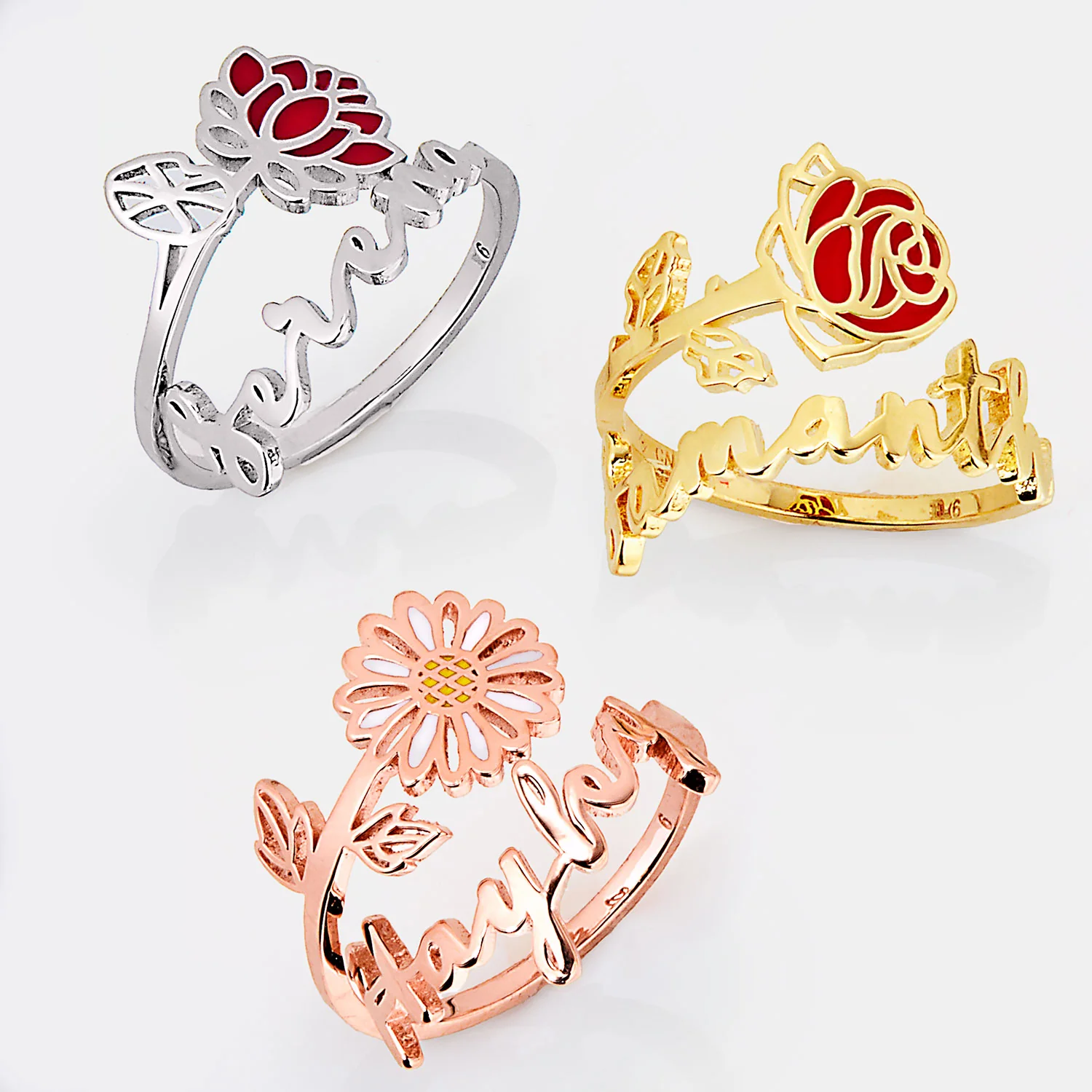Gold Plated Script Name and Birthmonth Enamel Flower Bypass Ring - Image 4