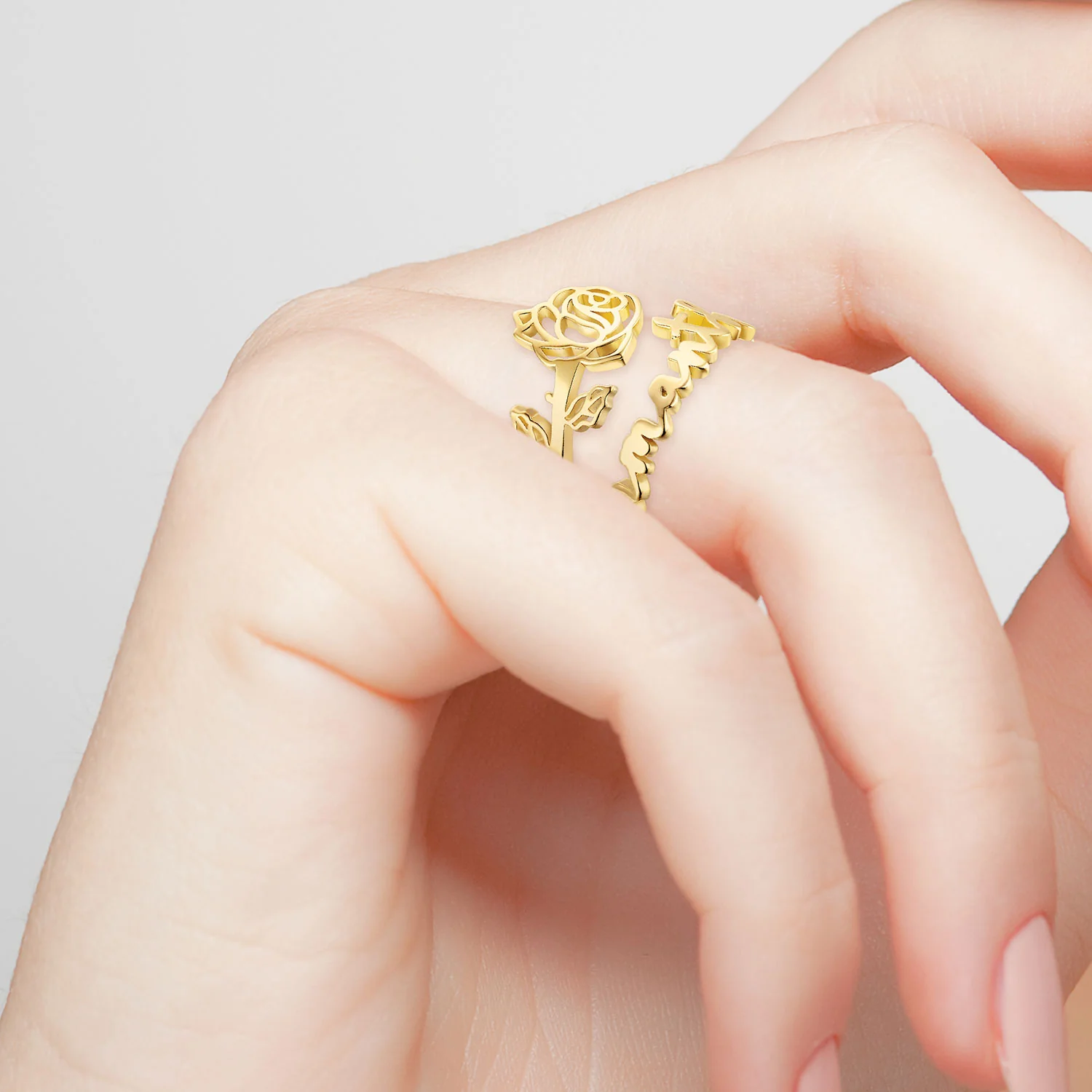 Gold Plated Script Name and Birthmonth Flower Bypass Ring - Image 3