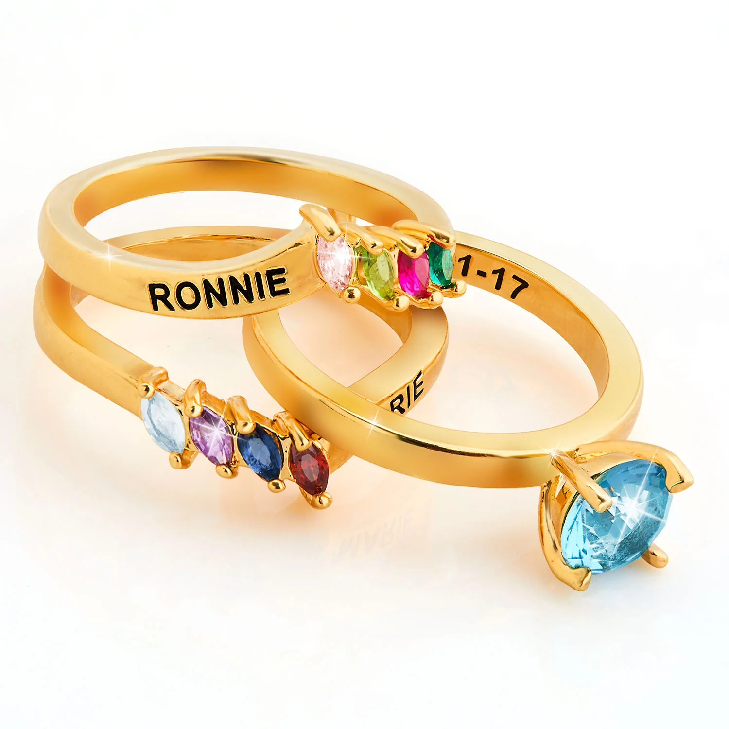 Gold Plated Solitaire and Family Birthstone Bypass Enhancer Ring Set - Image 4