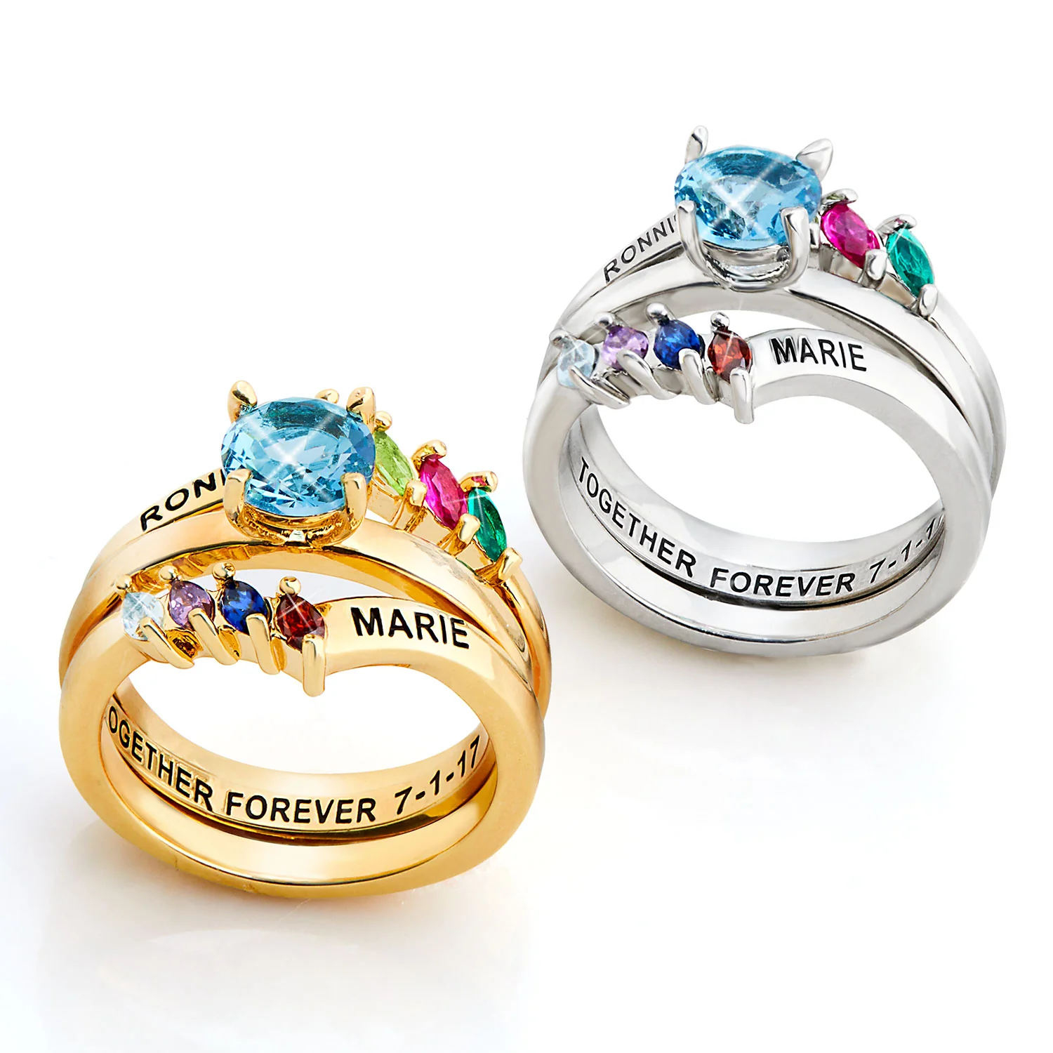 Gold Plated Solitaire and Family Birthstone Bypass Enhancer Ring Set - Image 6