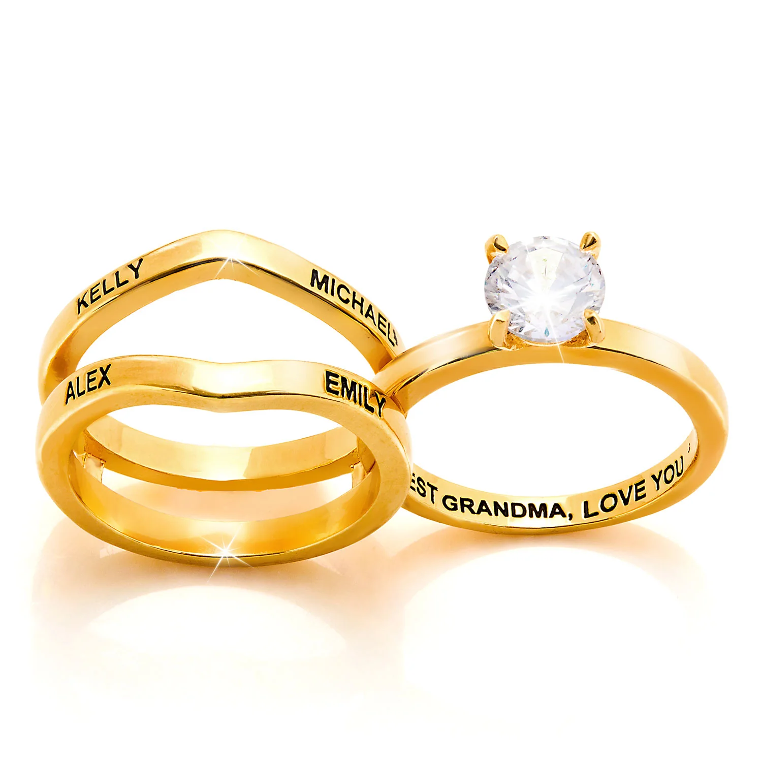 Gold Plated Solitaire and Family Name Enhancer Ring Set - Image 3