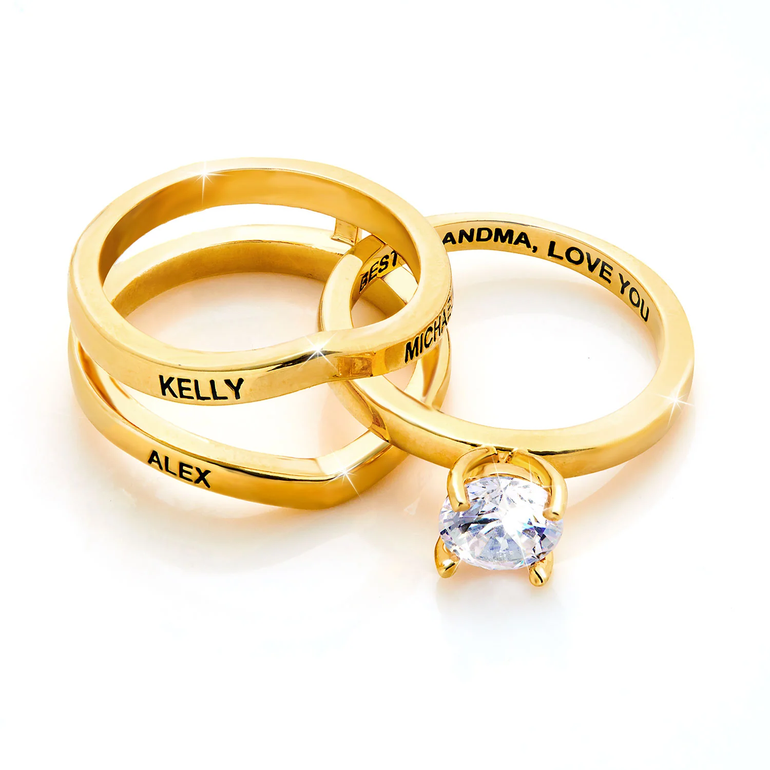 Gold Plated Solitaire and Family Name Enhancer Ring Set - Image 4