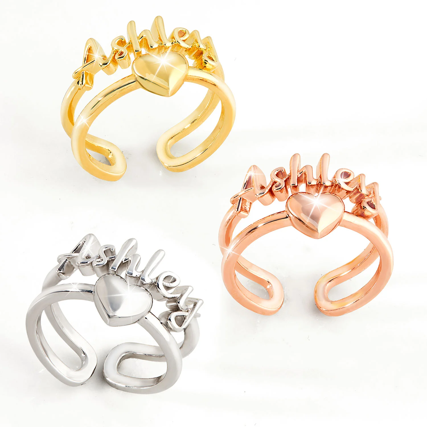 Gold Script Name and Heart Double Row Ring - Image 3