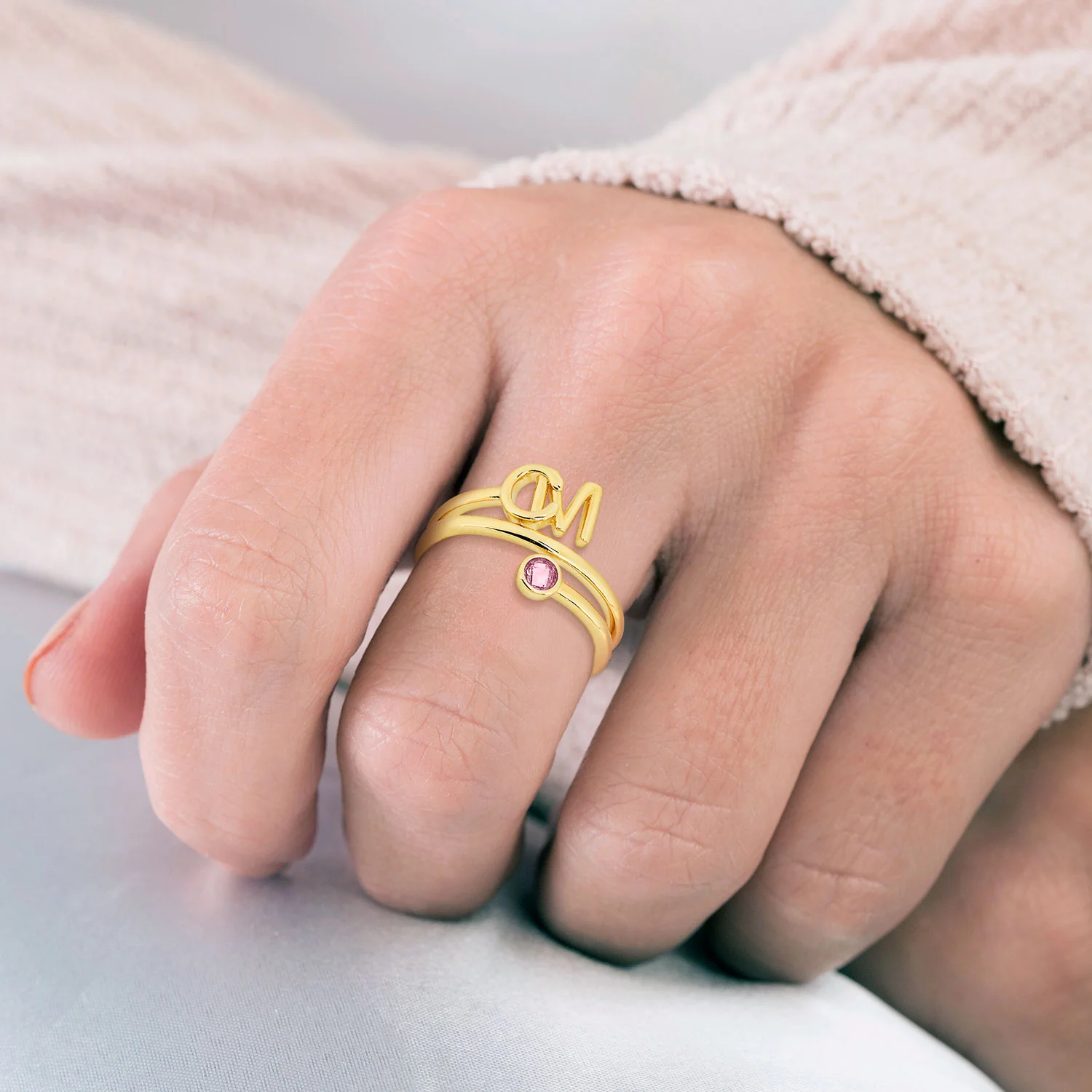 Gold Stacked Initials and Birthstone Wrap Ring - Image 2