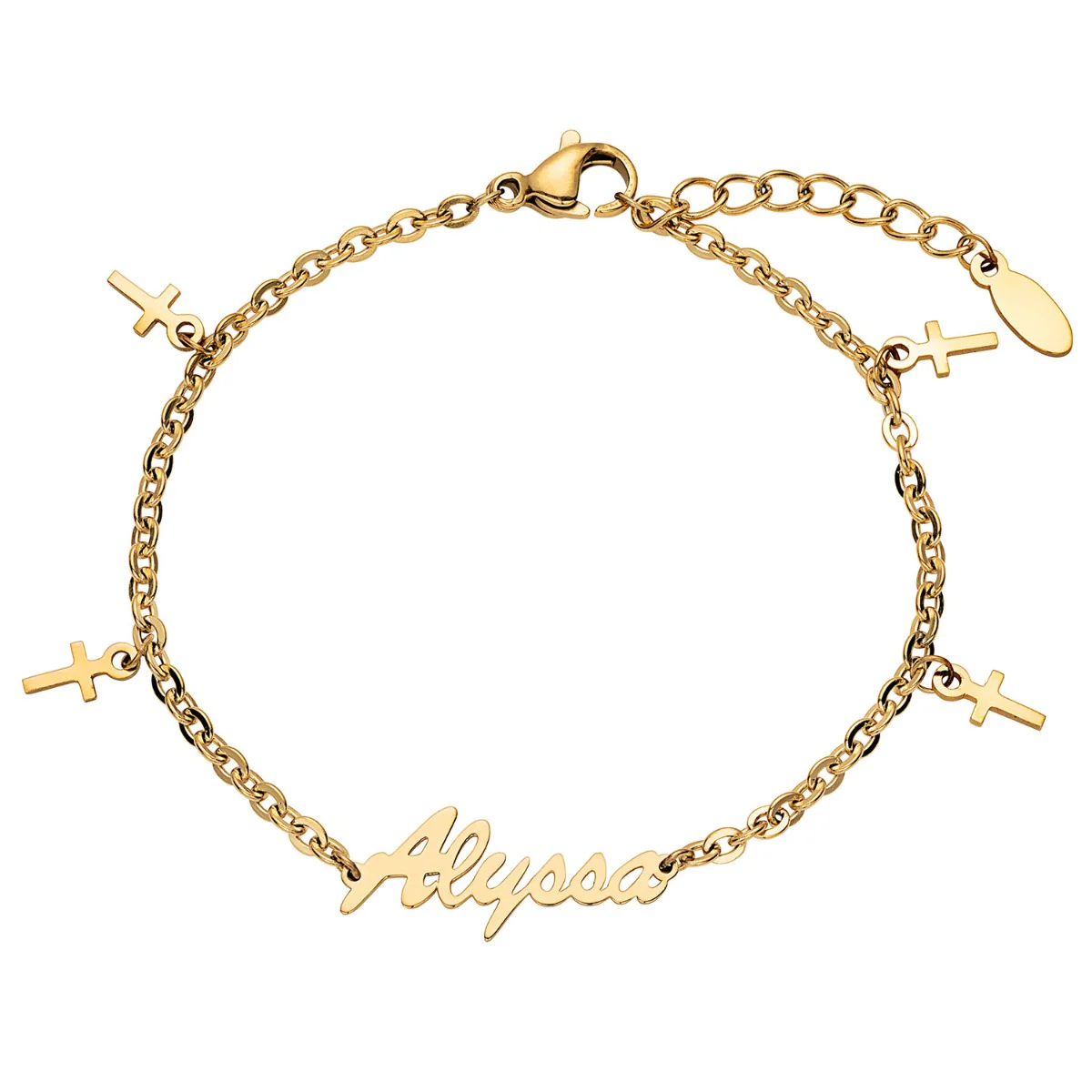 Gold Stainless Steel Name Bracelet with Cross Charms