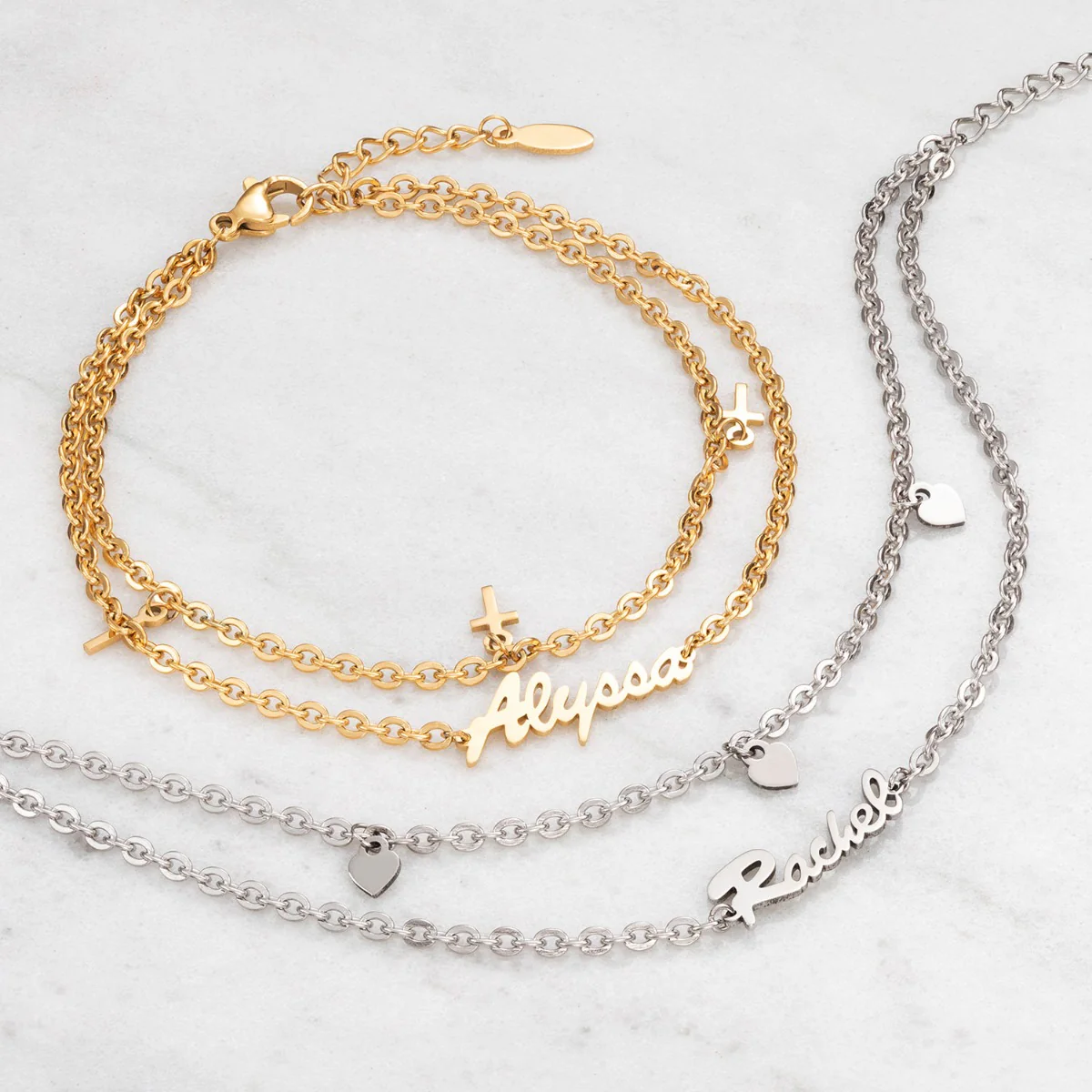 Gold Stainless Steel Double Chain Cross Charm and Name Anklet - Image 3