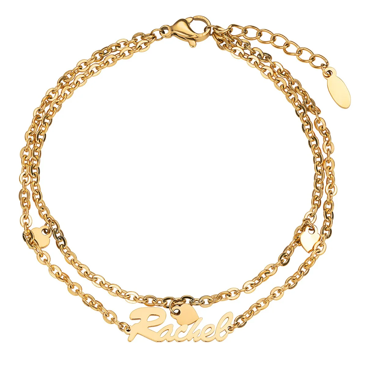 Gold Stainless Steel Double Chain Heart Charm and Name Anklet - Image 2