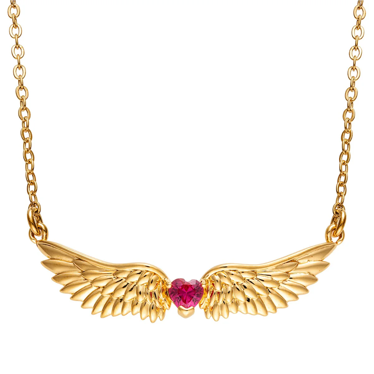 14K Gold Plated Angel Wing with Heart Birthstone Necklace