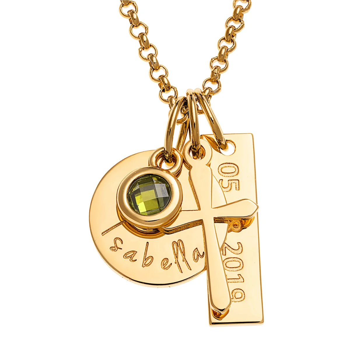 14K Gold Plated Engraved Name, Date, Birthstone and Cross Cluster Necklace