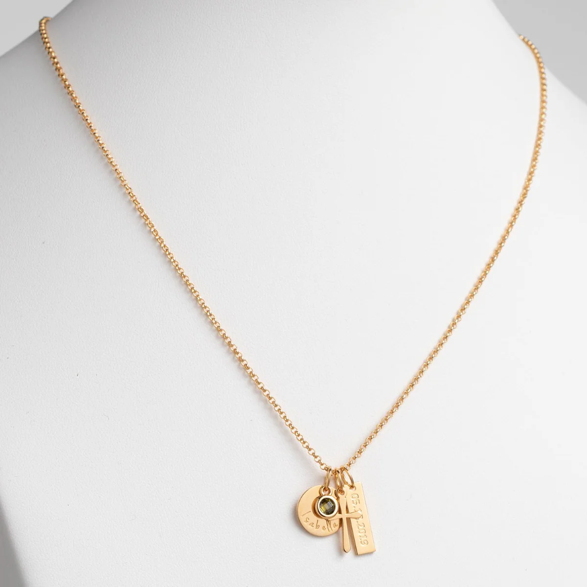 14K Gold Plated Engraved Name, Date, Birthstone and Cross Cluster Necklace - Image 2