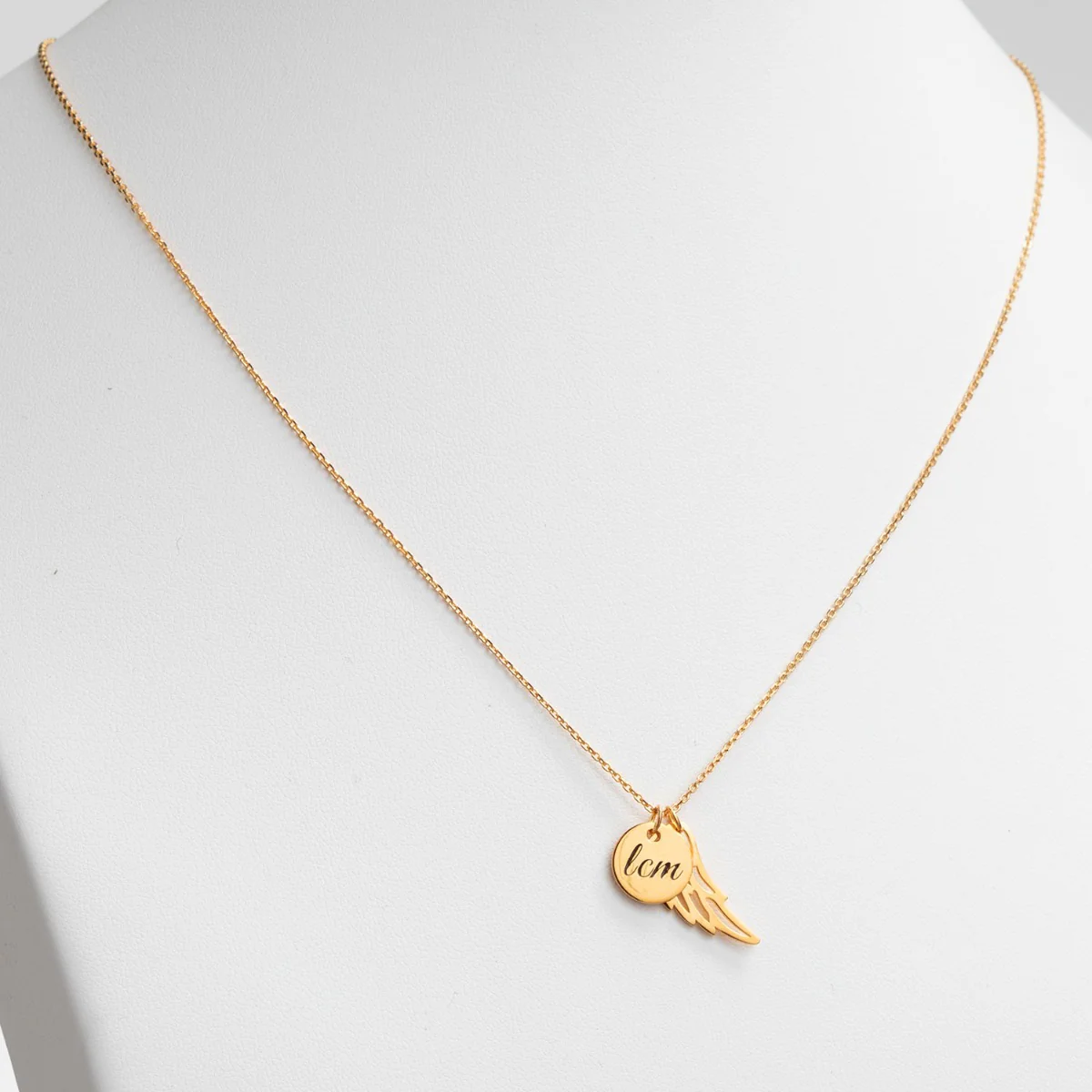 14K Gold Plated Engraved Initials Disc with Angel Wing Necklace - Image 2