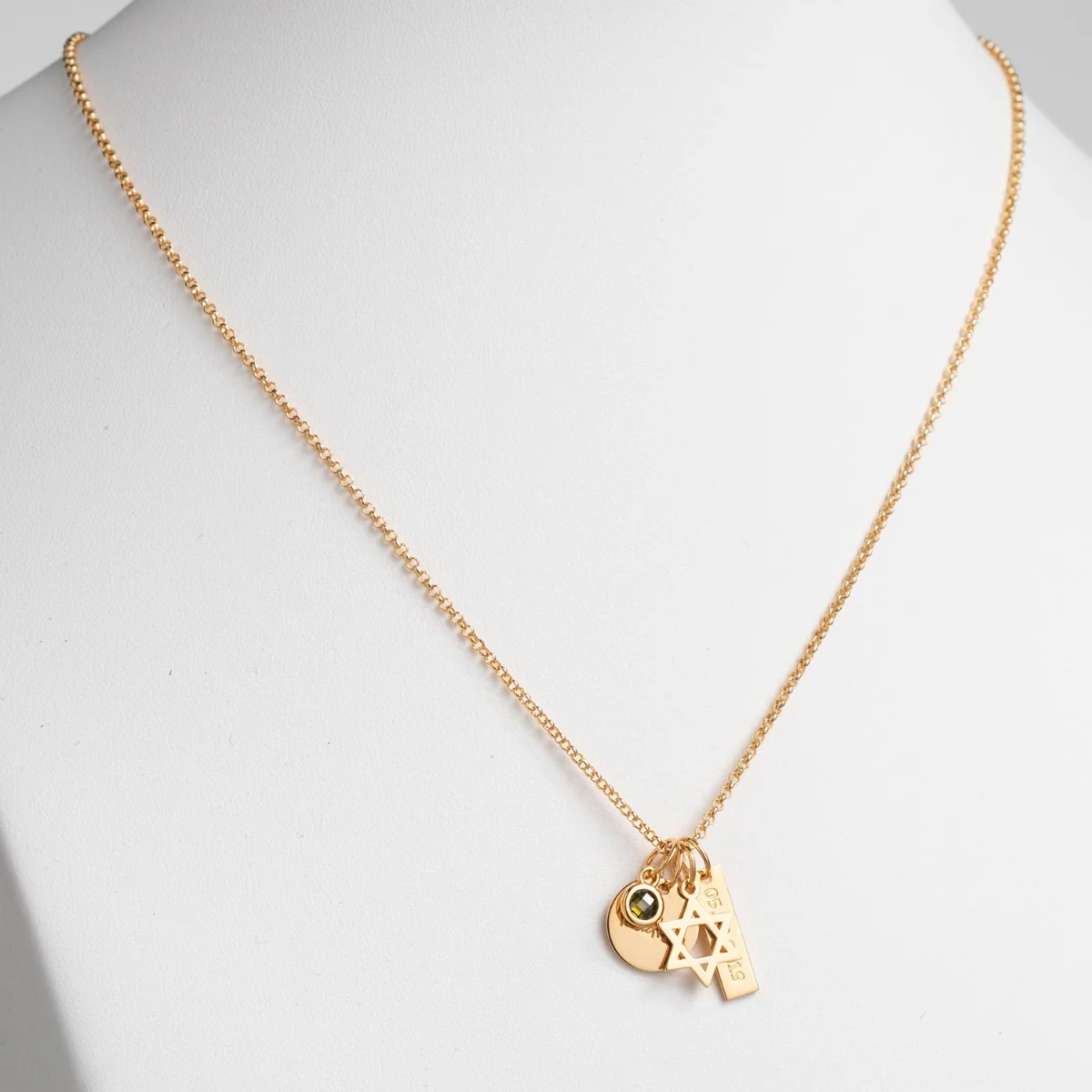 14K Gold Plated Engraved Name, Date, Birthstone and Star of David Cluster Necklace - Image 2