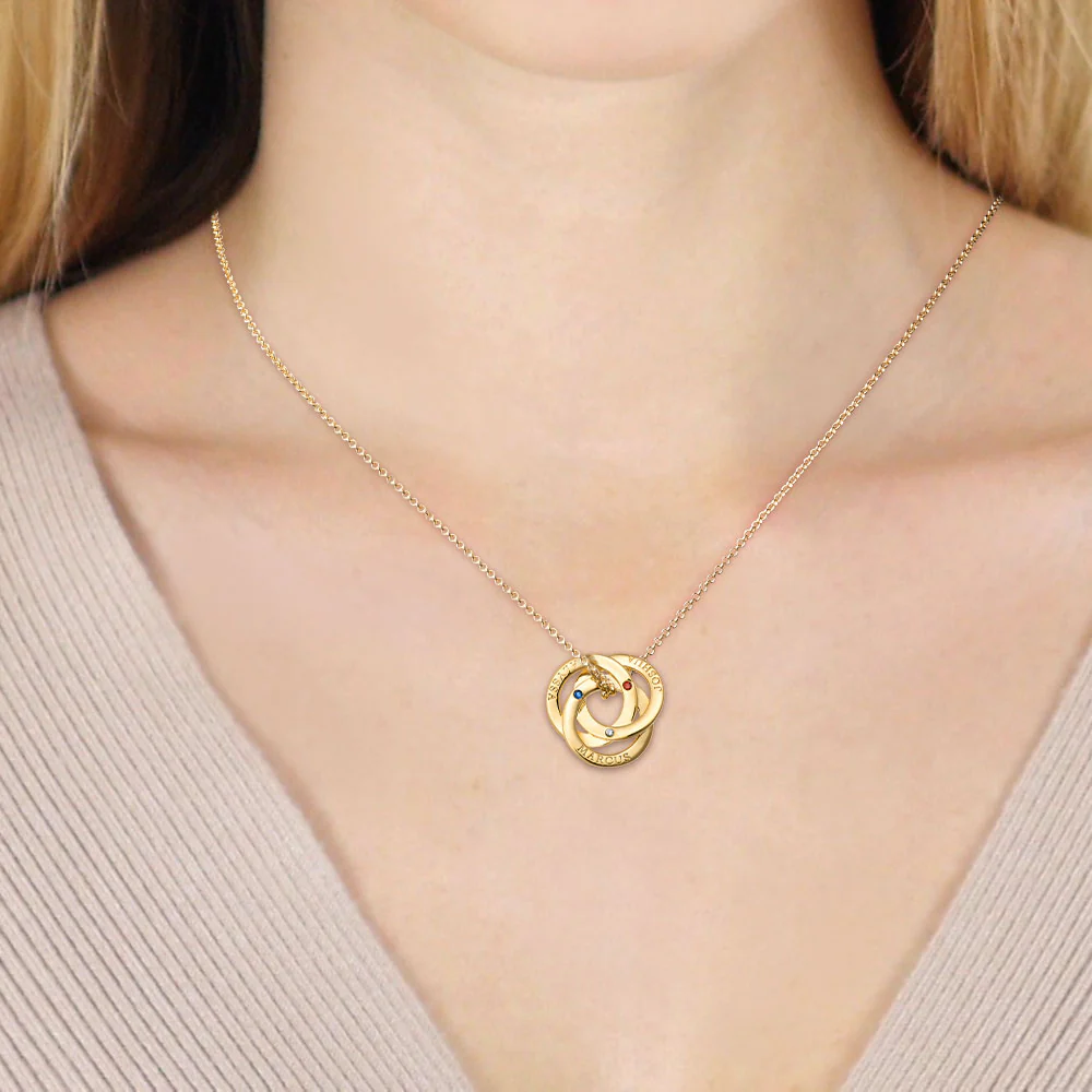 14K Gold Plated Interlocking Rings with Birthstones Name Necklace - Image 3