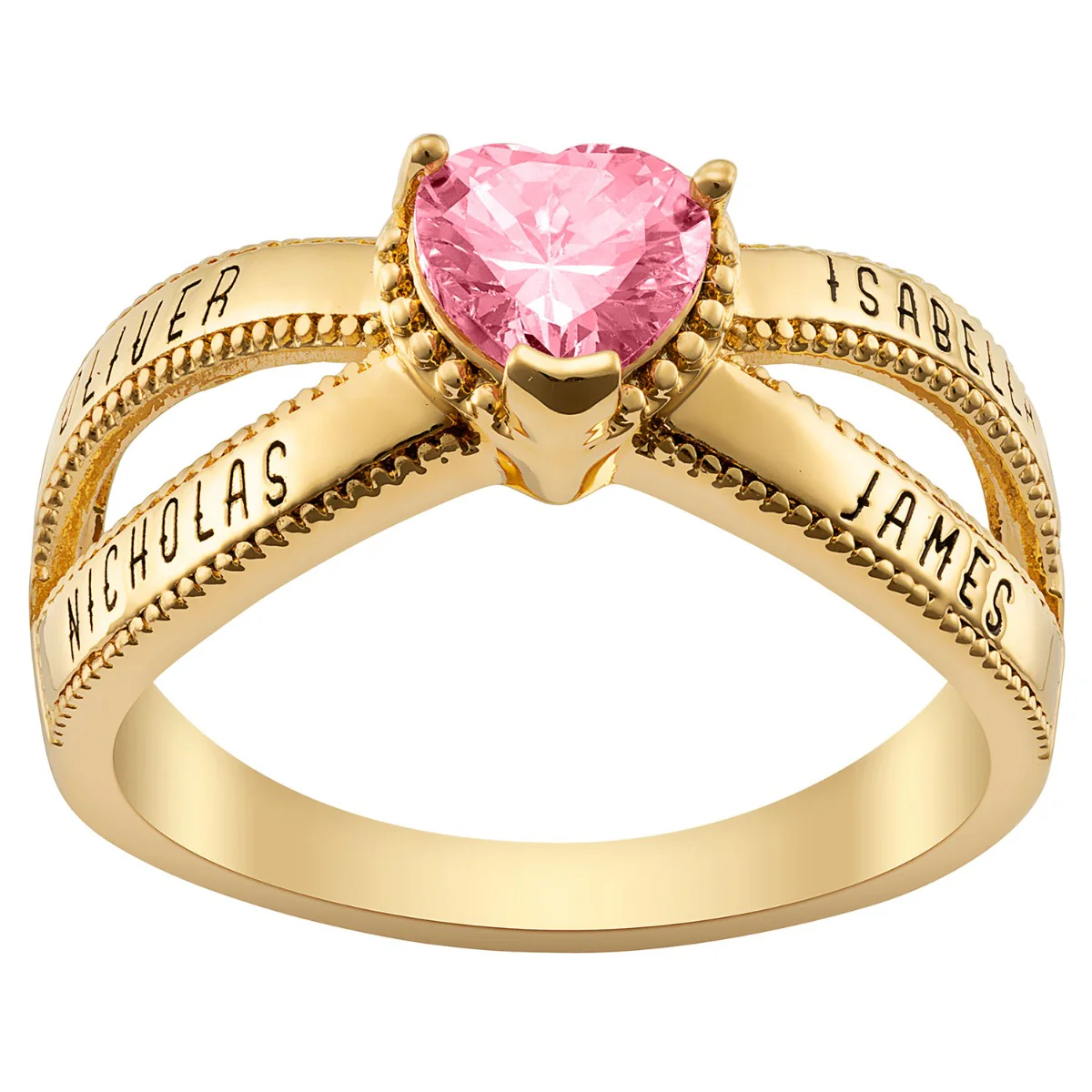 14K Gold Plated Mother's Heart Birthstone Family Name Ring