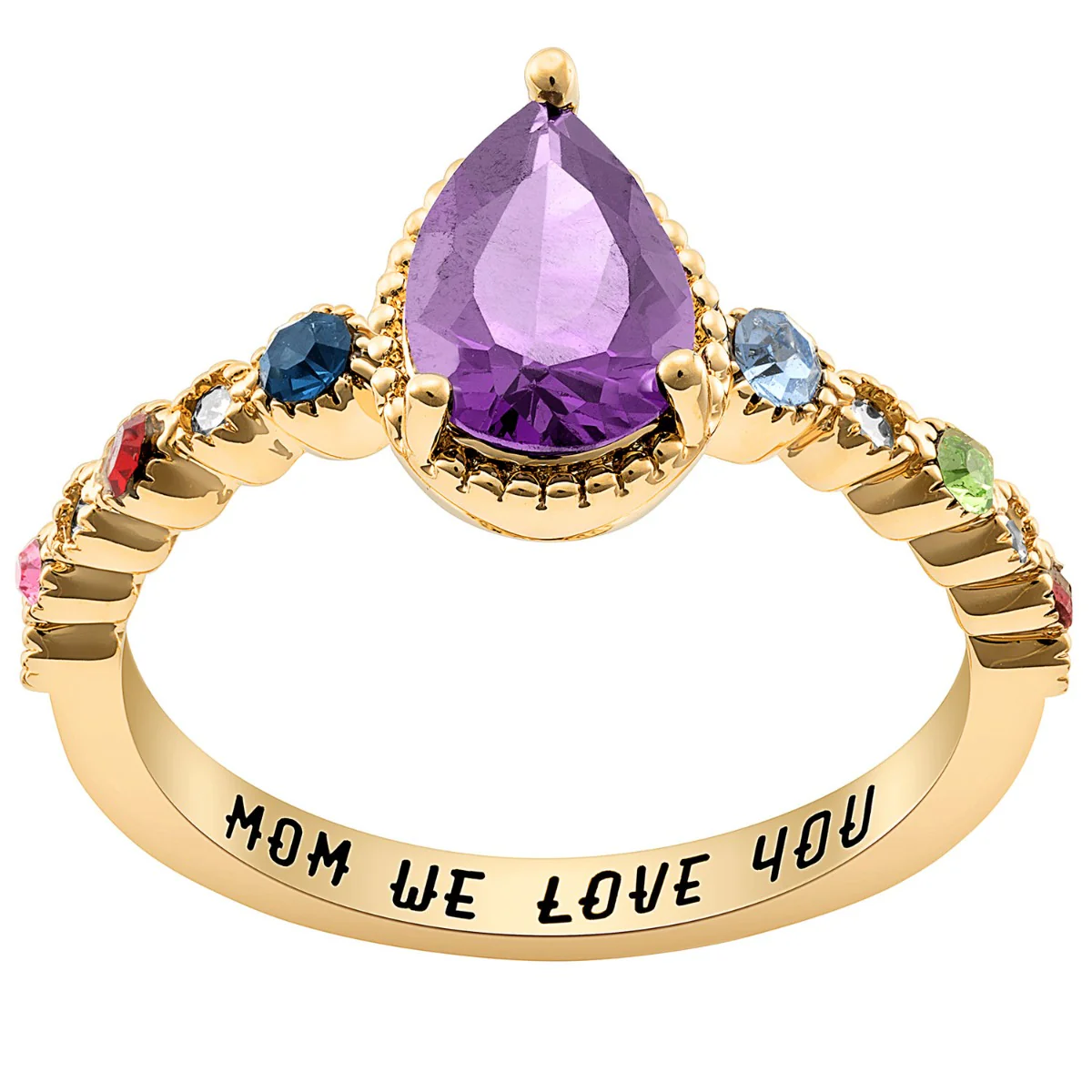 14K Gold Plated Mother's Pear and Family Birthstone Ring