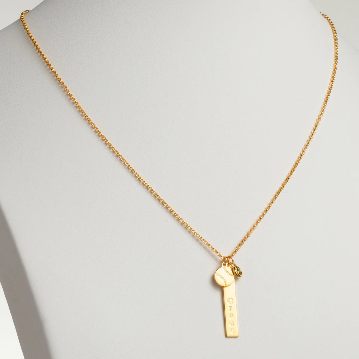 14K Gold Plated Name Necklace with Baseball Charm and Birthstone Dangle