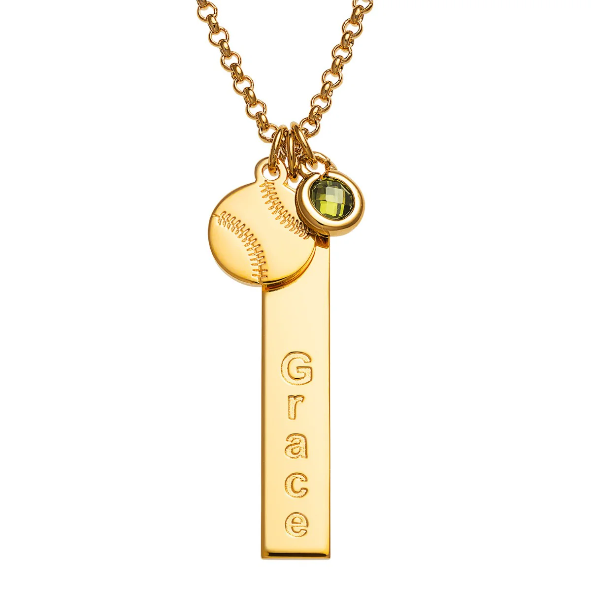 14K Gold Plated Name Necklace with Baseball Charm and Birthstone Dangle - Image 4