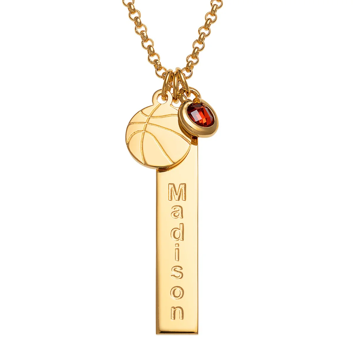 14K Gold Plated Name Necklace with Basketball Charm and Birthstone Dangle - Image 4