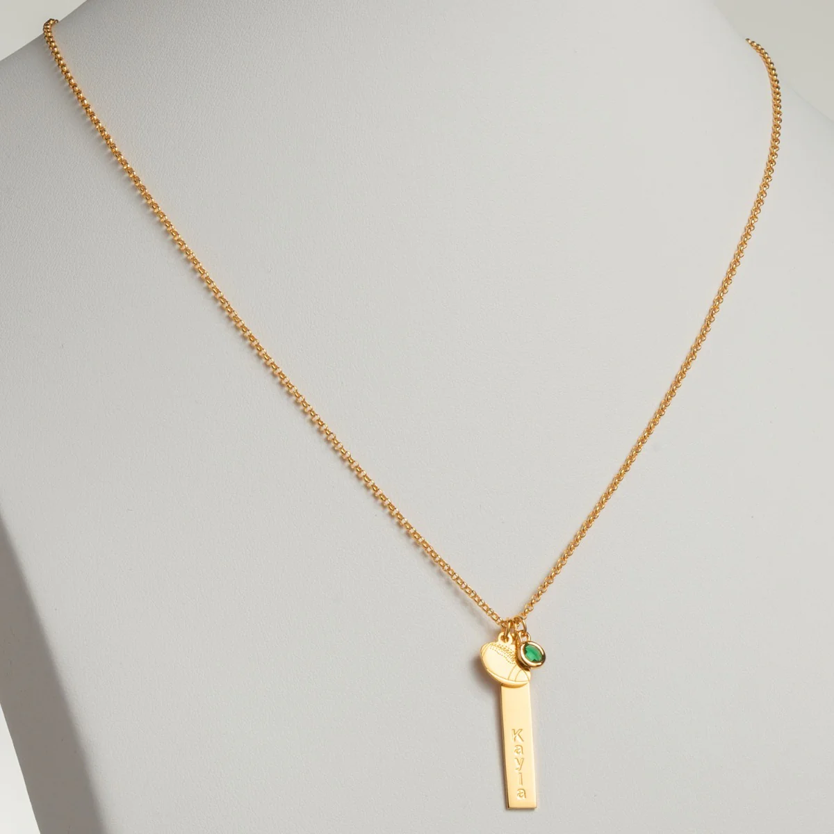 14K Gold Plated Name Necklace with Football Charm and Birthstone Dangle
