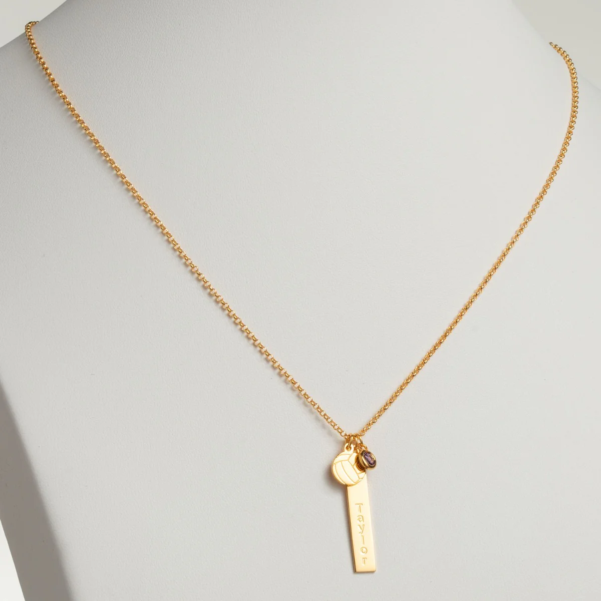 14K Gold Plated Name Necklace with Volleyball Charm and Birthstone Dangle - Image 2