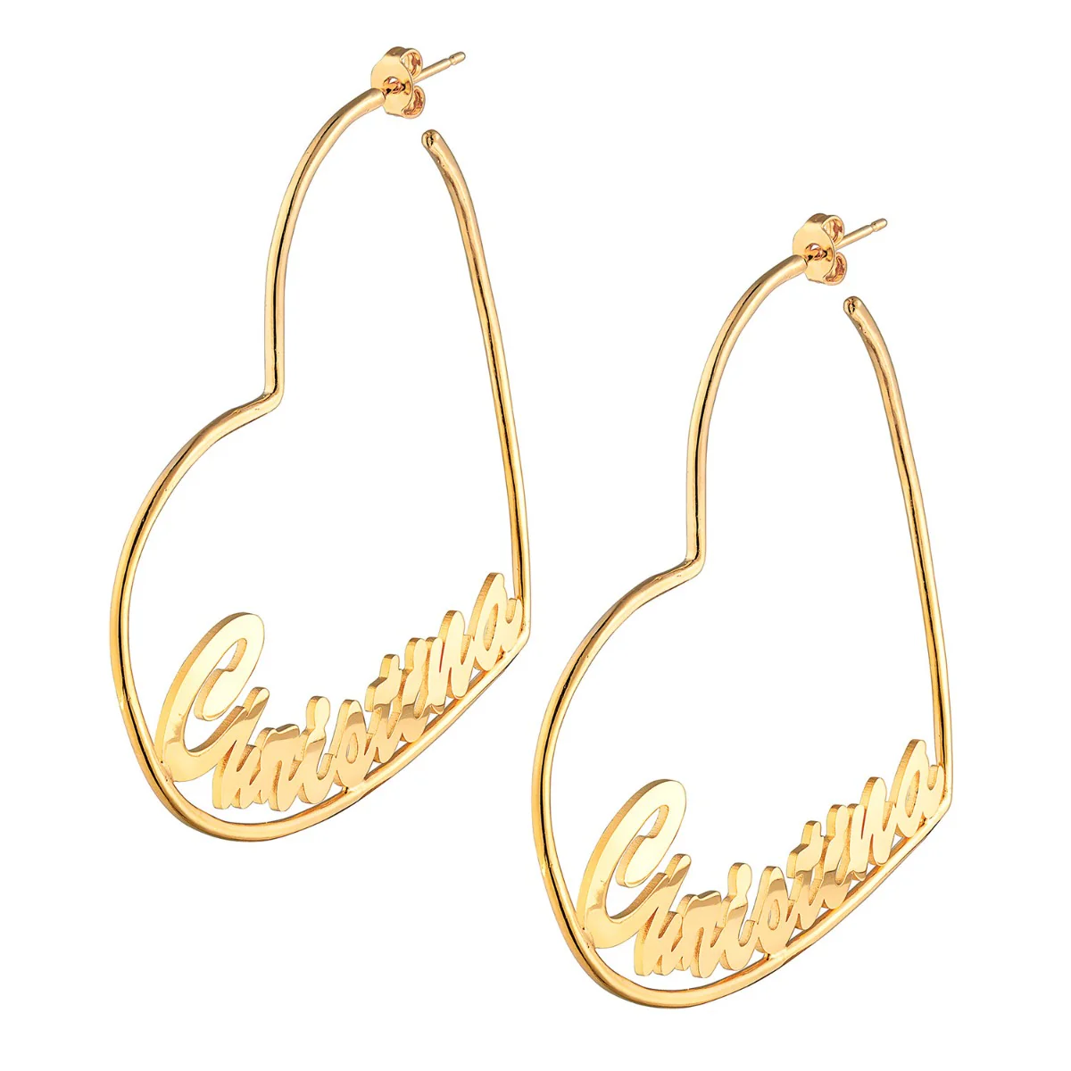 14K Gold Plated Personalized Script Nameplate Large Heart Hoop Earrings - Image 3