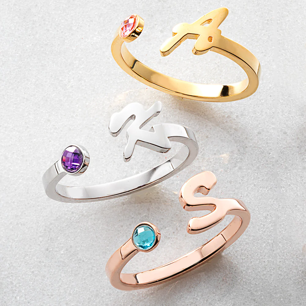 14K Gold Plated Script Initial with Birthstone Ring - Image 5
