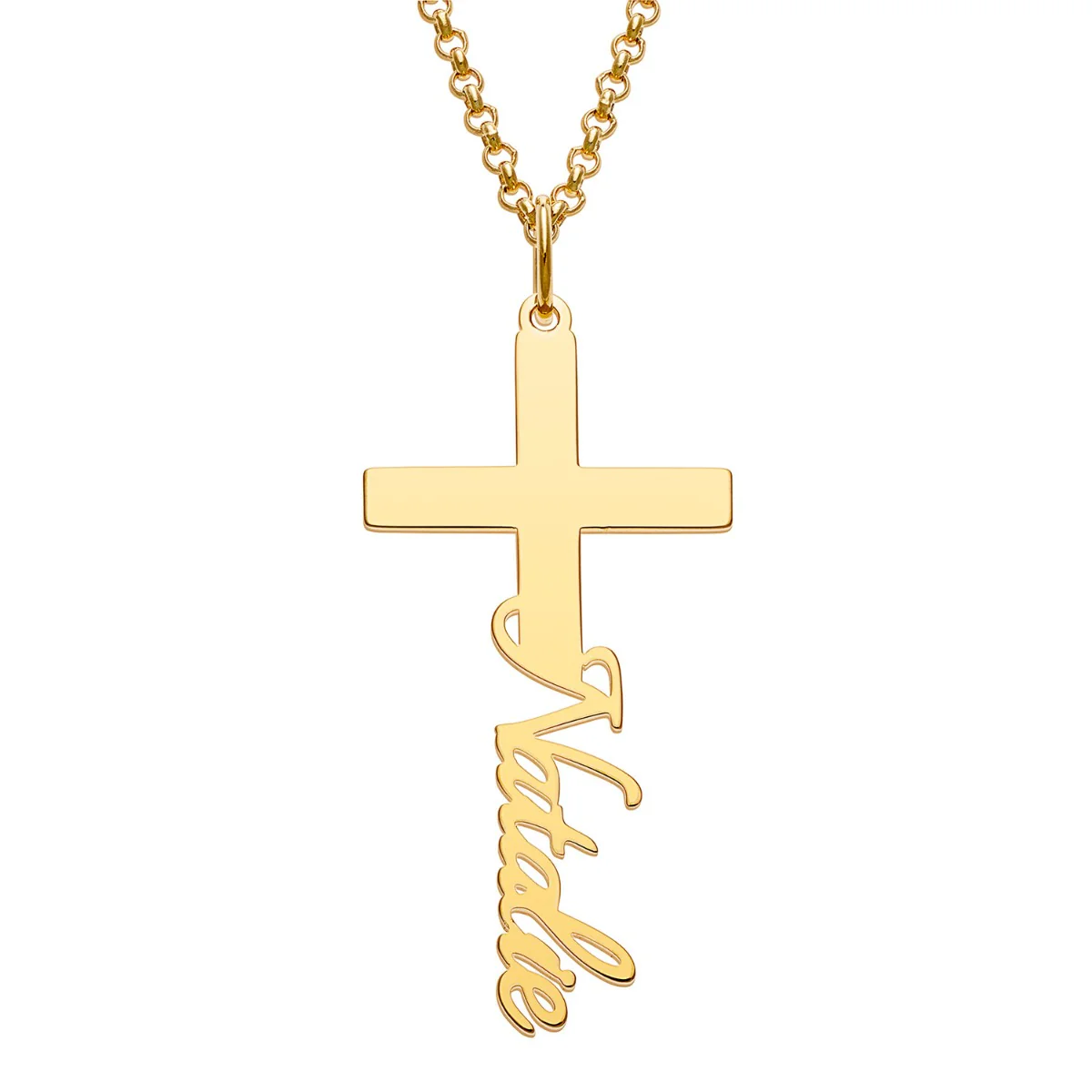 14K Gold Plated Script Name Cross Necklace