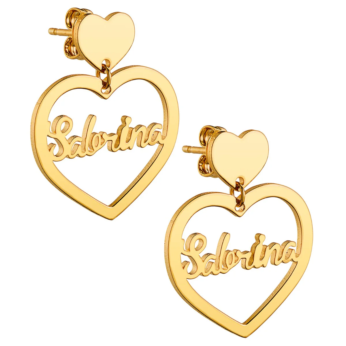14K Gold Plated Script Name Double Heart Dangle Earrings - Image 3