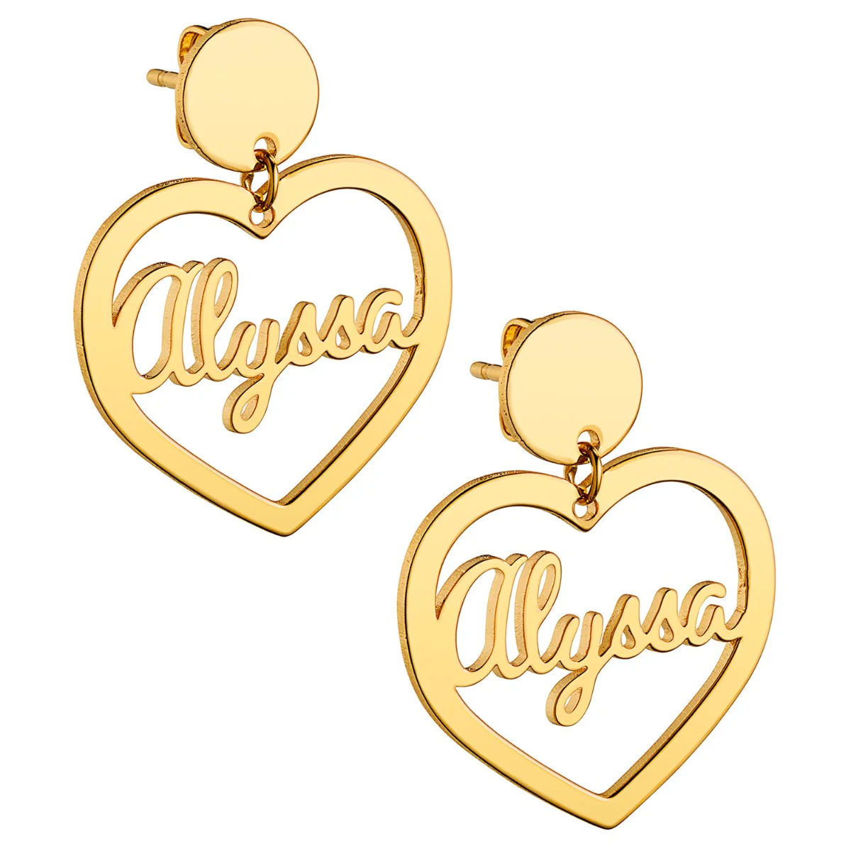 14K Gold Plated Script Name Heart with Circle Dangle Earrings - Image 3