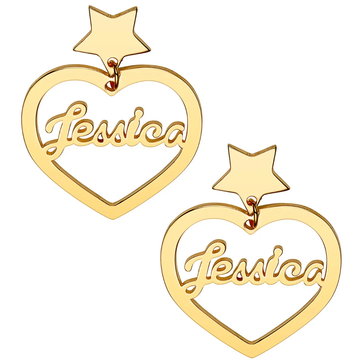 14K Gold Plated Script Name Heart with Star Dangle Earrings