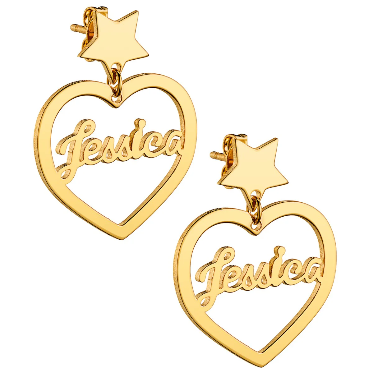 14K Gold Plated Script Name Heart with Star Dangle Earrings - Image 3