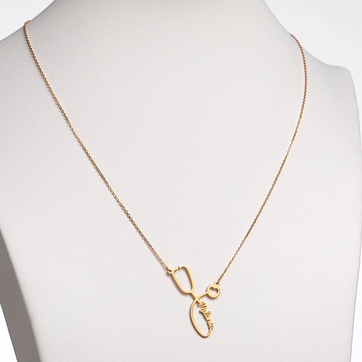 14k Gold Plated Script Name Stethoscope with Heart Necklace - Image 3