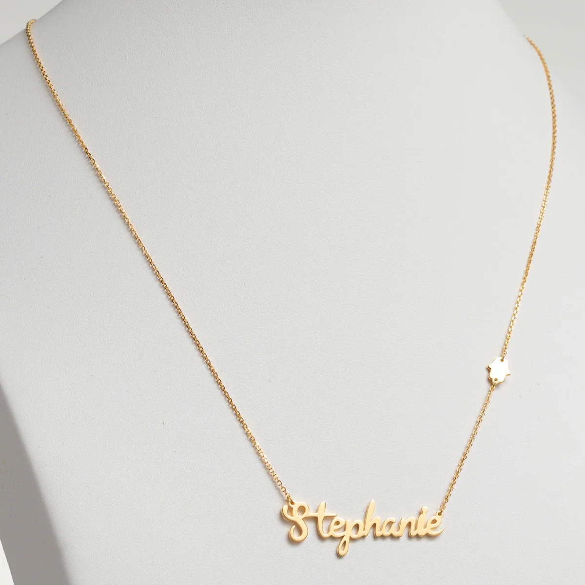 14K Gold Plated Script Name with Hamsa Hand Station Necklace - Image 2