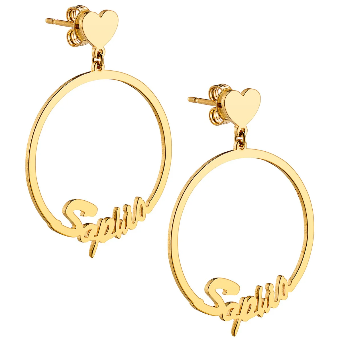 14K Gold Plated Script Name with Heart Dangle Earrings - Image 3
