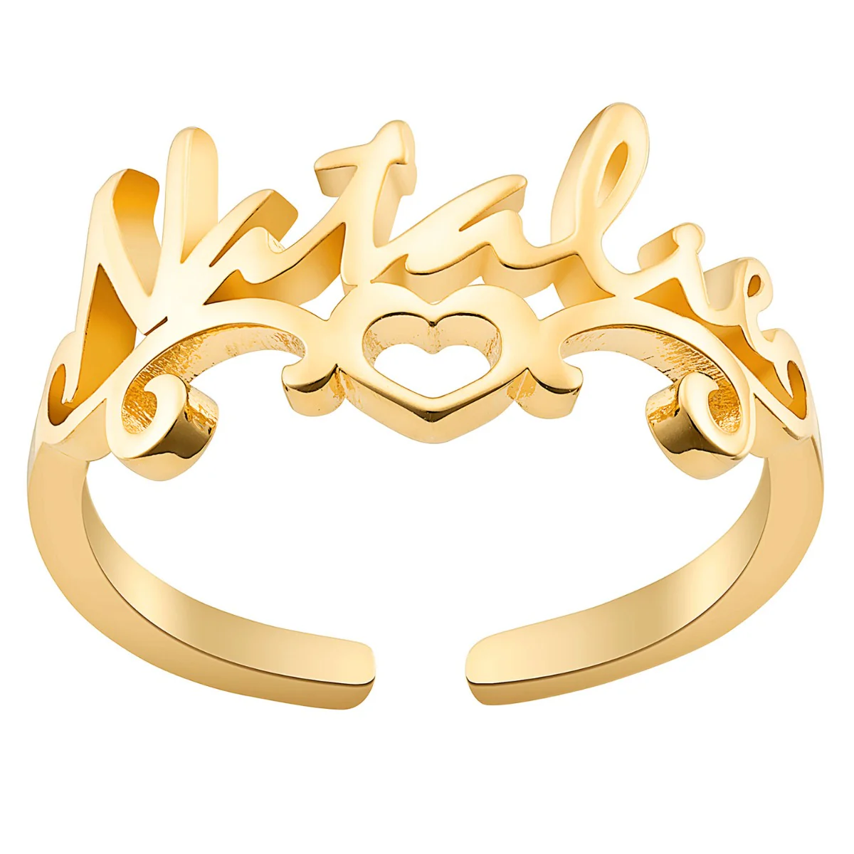 14K Gold Plated Script Name with Heart Scroll Ring - Image 3
