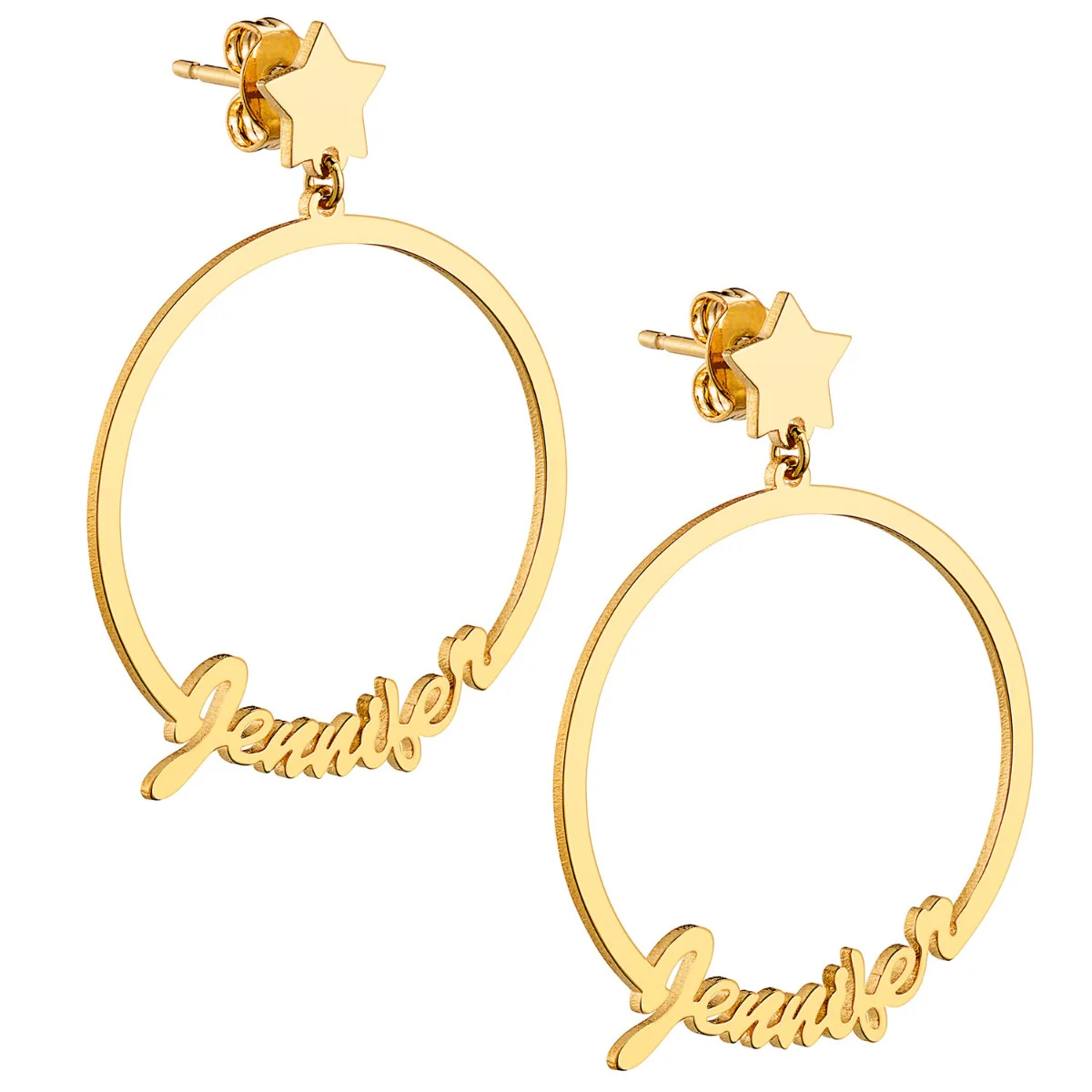 14K Gold Plated Script Name with Star Dangle Earrings - Image 3