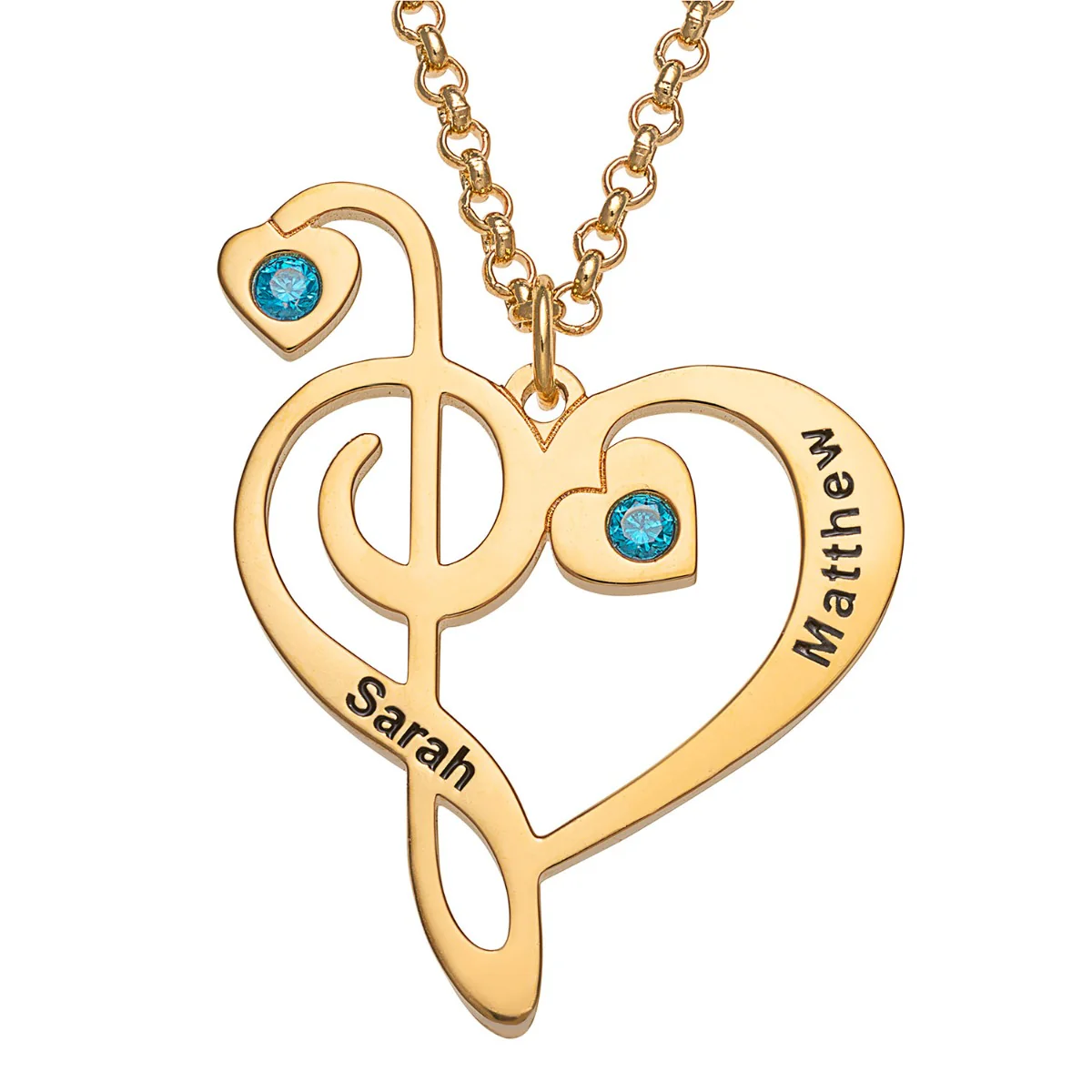 14K Gold Plated Treble and Bass Clef Couple's Name and Birthstone Necklace