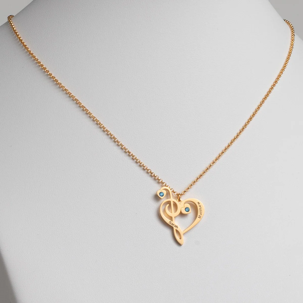 14K Gold Plated Treble and Bass Clef Couple's Name and Birthstone Necklace - Image 2