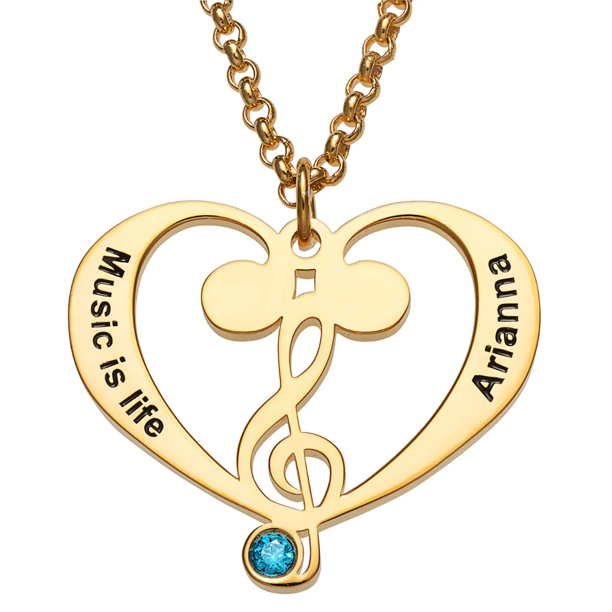 14K Gold Plated Treble and Bass Clef Heart Name and Birthstone Necklace