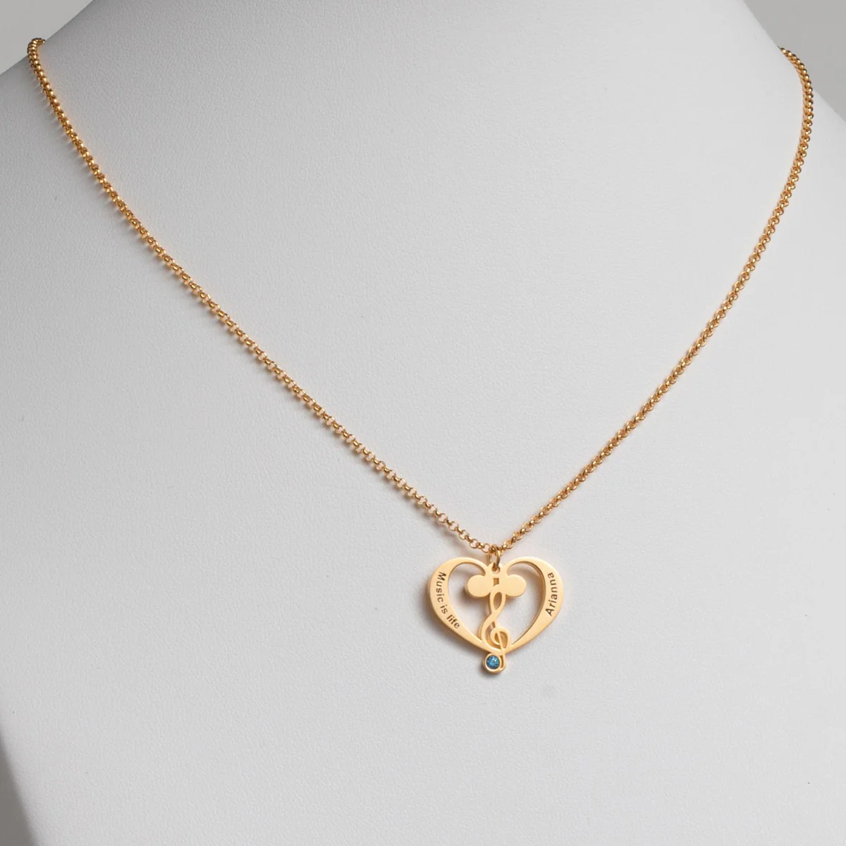 14K Gold Plated Treble and Bass Clef Heart Name and Birthstone Necklace - Image 2