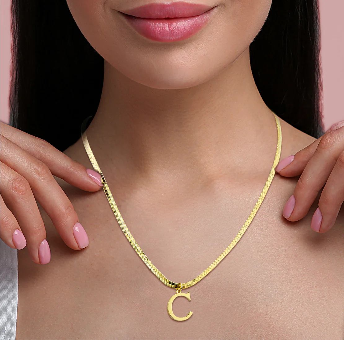 Herringbone Chain Bold Initial Charm Necklace - Image 3