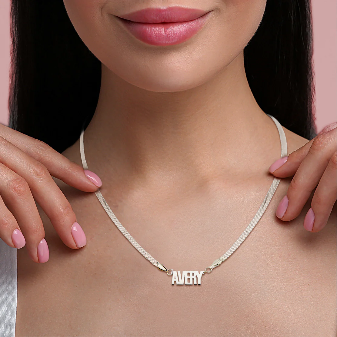 Herringbone Chain Bold Uppercase Name Necklace - Image 3