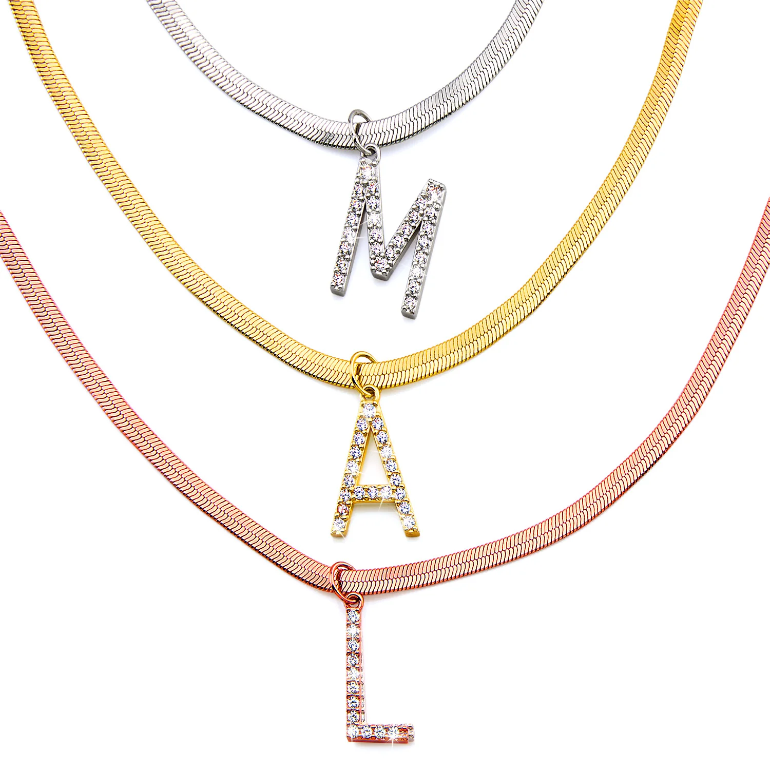 Herringbone Chain CZ Initial Charm Necklace